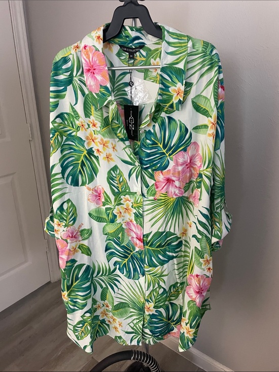 Club Z Collection Other - Tropical Floral Button-Front Swim Coverup - White with Pink & Green